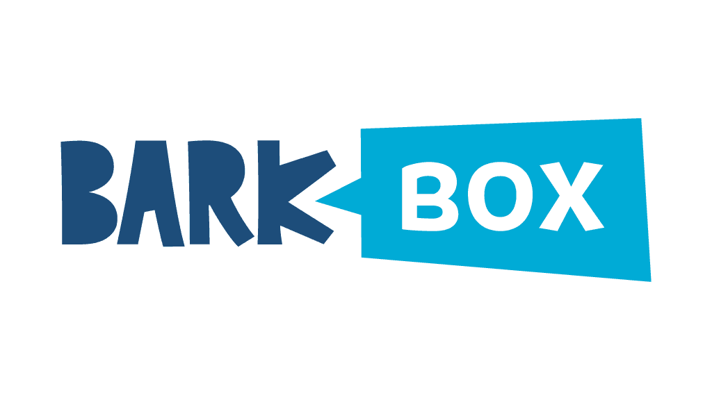 The BarkBox logo with 'BARK' in a dark blue playful font and 'BOX' inside a bright blue box, connected by a left-pointing arrow