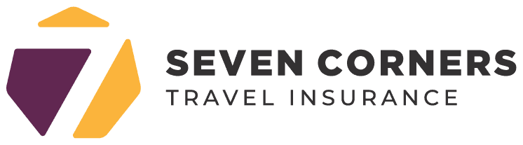 The Seven Corners Travel Insurance logo, featuring a geometric icon made of purple and gold shapes forming a stylized heptagon, positioned to the left of the text 'SEVEN CORNERS' stacked above 'TRAVEL INSURANCE' in a dark grey font.